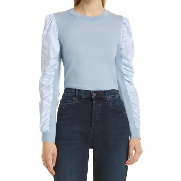 Veronica Beard Adler Mixed Media Merino Wool Long Sleeve Striped Crew Sweater L - Picture 1 of 7